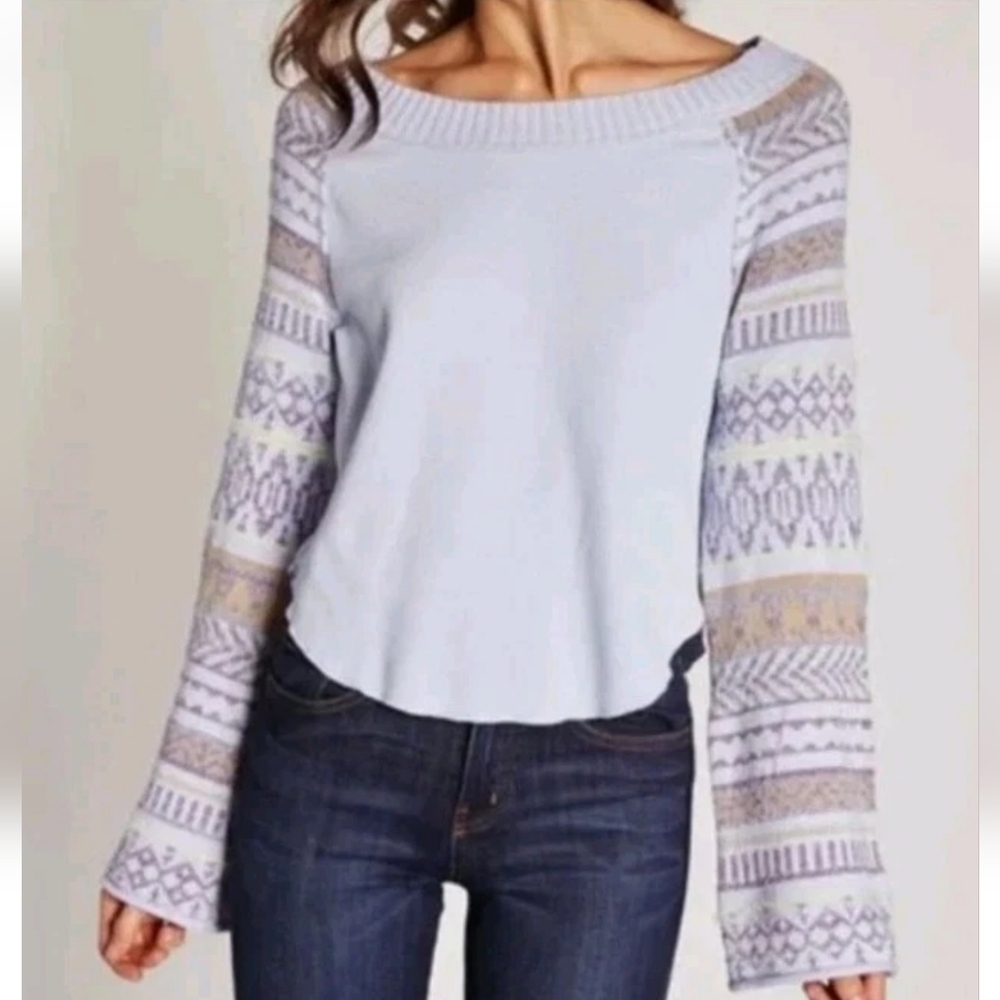 Free People Wide Neck Fairgrounds Thermal Top XS Periwinkle Combo Flare Sleeves